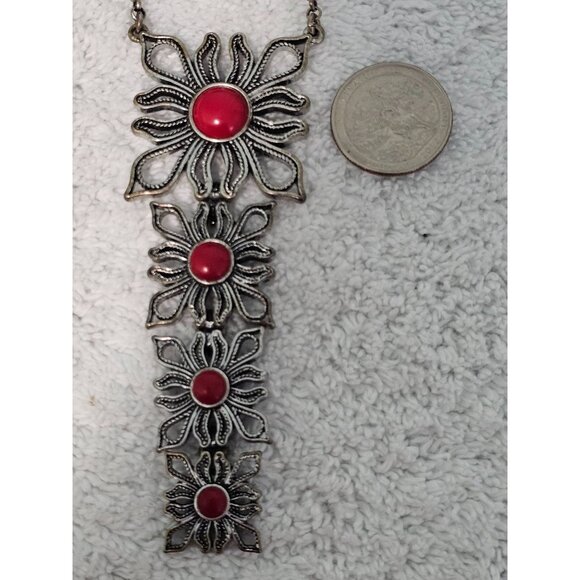 Vintage Silver Tone Necklace with Red Stone Cabochon Accents 22" - Picture 6 of 6